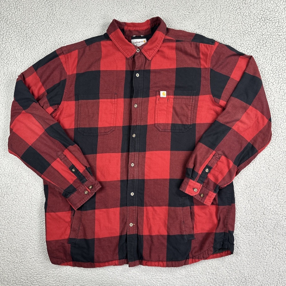 Carhartt Fleece Lined Flannel Shacket Men 2XLT Red Black Buffalo Check Relaxed